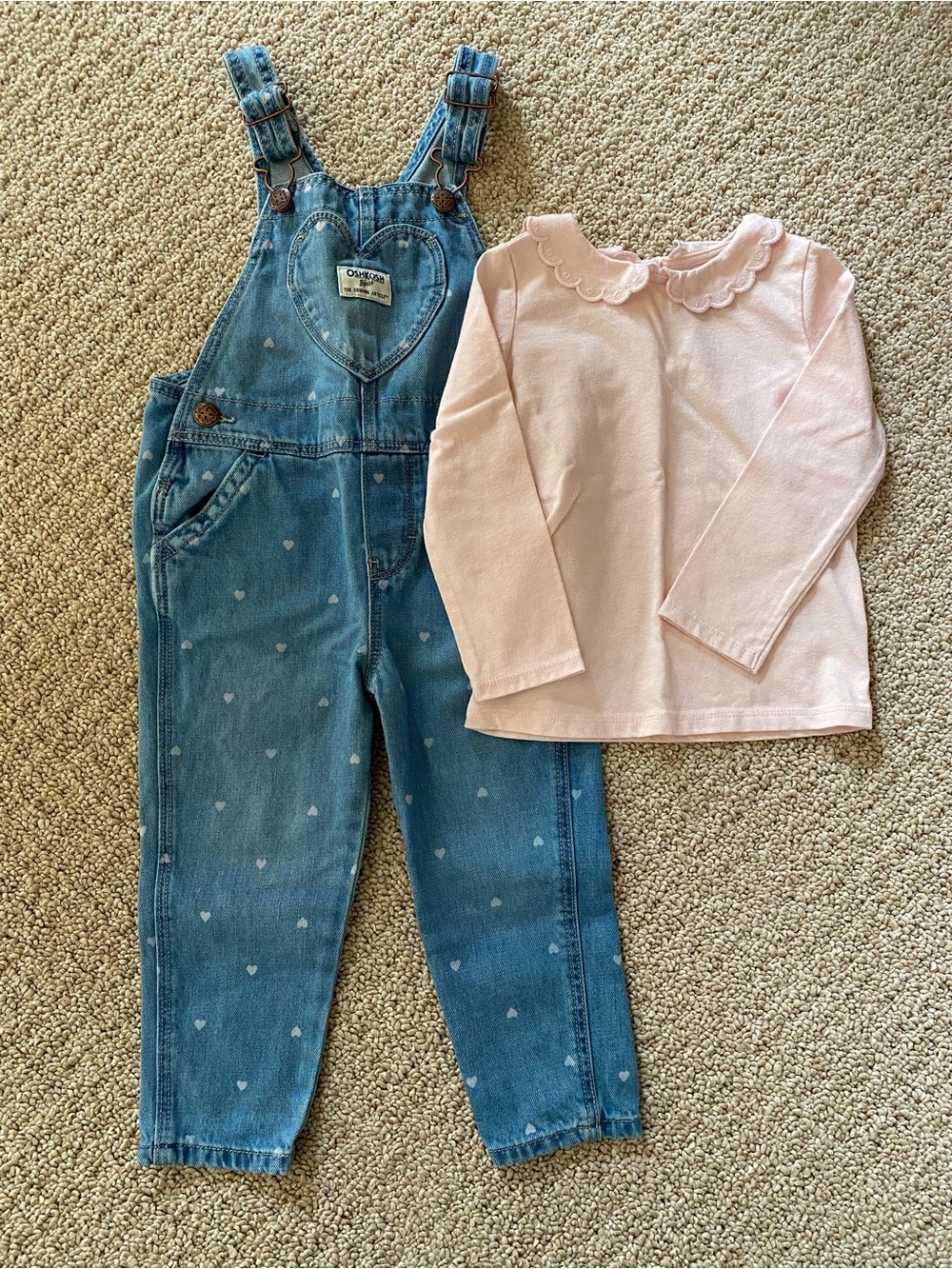 OshKosh B'gosh Denim Heart Overalls with Pink Scallop Collar Top